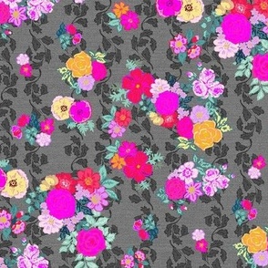 Victoria´s flower garden in bright colors hot pink and orange on gray Medium