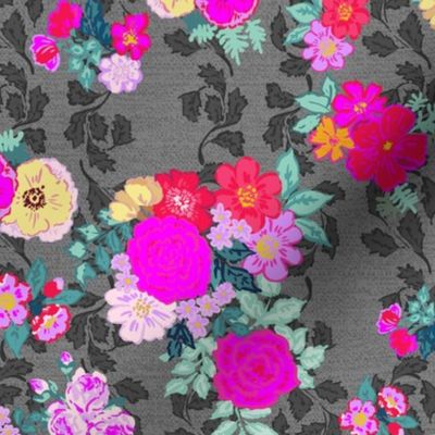 Victoria´s flower garden in bright colors hot pink and orange on gray Large