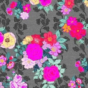 Victoria´s flower garden in bright colors hot pink and orange on gray Large