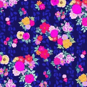 Victoria´s flower garden in bright colors hot pink and orange on midnigh blue Medium