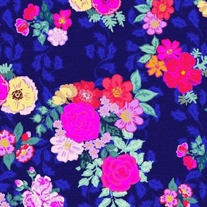 Victoria´s flower garden in bright colors hot pink and orange on midnigh blue Large