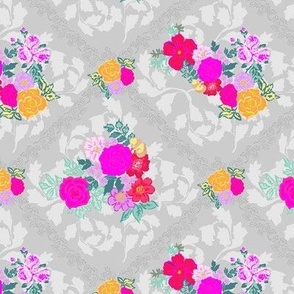 Victoria´s flower garden in bright colors diamond style hot pink and orange and aqua on light gray Small