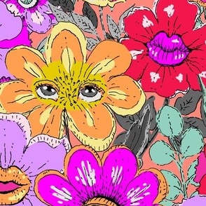 Otherwordly Bright eye flowers in pink and orange Large scale
