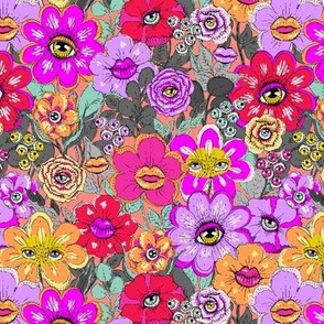 Otherwordly Bright eye flowers in pink and orange Small scale
