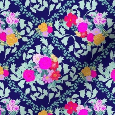 Victoria´s flower garden in bright colors diamond style hot pink and orange and aqua on midnight blue Small