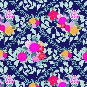 Victoria´s flower garden in bright colors diamond style hot pink and orange and aqua on midnight blue Small