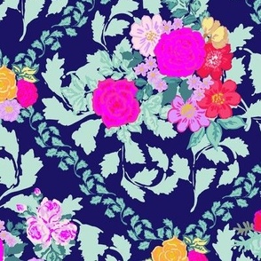 Victoria´s flower garden in bright colors diamond style hot pink and orange and aqua on midnight blue  Medium