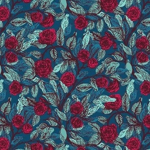 Victorian roses in fuchsia red and teal Small scale