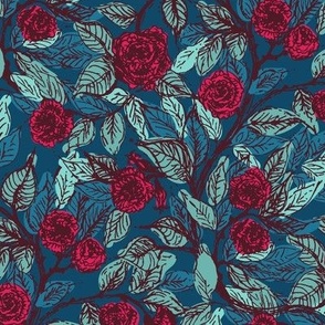Victorian roses in fuchsia red and teal Medium scale