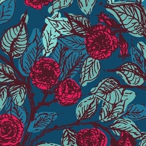 Victorian roses in fuchsia red and teal Large scale