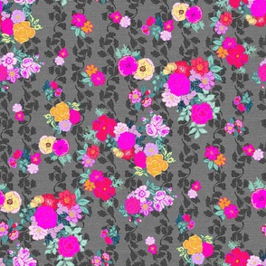 Victoria´s flower garden in bright colors hot pink and orange on gray Extra large