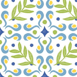 Leaf Tile Pattern in Blue, Green, Yellow, and White - Extra Large Scale
