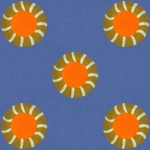 Embroidery effect spot circles 3D small denim blue, olive and orange 