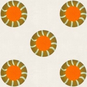 Embroidery effect spot circles 3D small cream line. Olive and orange