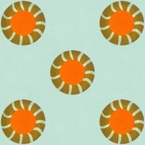 Embroidery effect spot circles 3D small mint green, olive and orange 