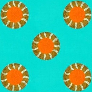 Embroidery effect spot circles 3D small turquoise, olive and orange