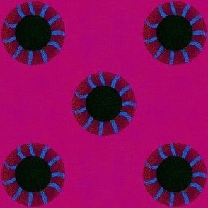 Embroidery effect spot circles 3D small bright pink, dark blue black and red