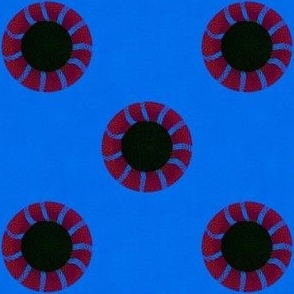 Embroidery effect spot circles 3D small ultramarine blue, pink and dark blue