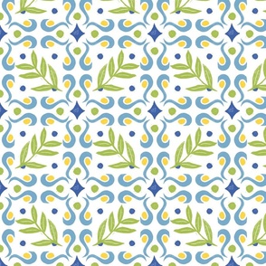 Leaf Tile Pattern in Blue, Green, Yellow, and White - Medium Scale