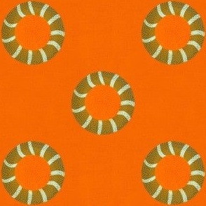 Embroidery effect spot circles 3D small orange linen, olive and yellow