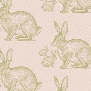 mama and baby bunnies in dot,  celery on blush