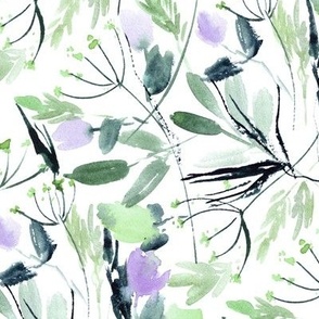 Tuscan grasses in teal and lilac - watercolor wild flowers and grass - painted nature a988-2