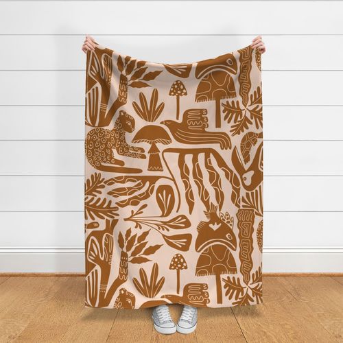 Wallpaper Tropical Jungle with Mushrooms, Fish, Birds and Cheetah in Salmon Pink and Terracotta 