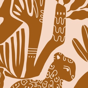 Wallpaper Tropical Jungle with Mushrooms, Fish, Birds and Cheetah in Salmon Pink and Terracotta 