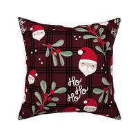 hohoho Merry Christmas Santa Claus mistletoe and snow on traditional seasonal winter plaid burgundy ruby red sage green LARGE