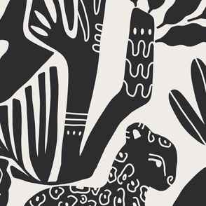 Wallpaper Tropical Jungle with Mushrooms, Fish, Birds and Cheetah in Charcoal and off-white