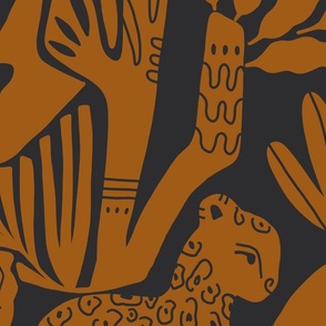 Wallpaper Tropical Jungle with Jumbo Mushrooms, Fish, Birds and Cheetah in Charcoal and Terracotta