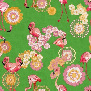 Flamingos and Flowers On Intence green