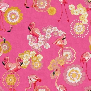 Flamingos and Flowers On Intence Pink