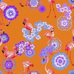 Flamingos and Flowers Purple on chocking Intence orange