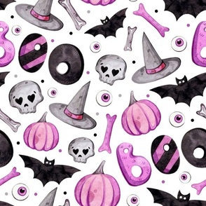 Large Scale Halloween Boo! Purple Pumpkins Witch Hats Bats Skulls on White