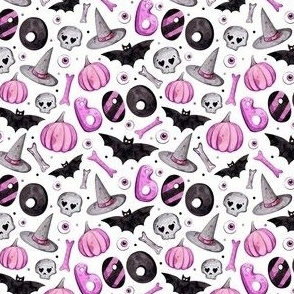 Small Scale Halloween Boo! Purple Pumpkins Witch Hats Bats Skulls on White