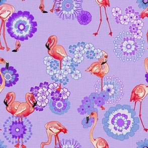 Flamingos and Flowers Purple on chocking light purple