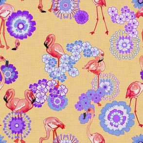 Flamingos and Flowers Purple on Yellow