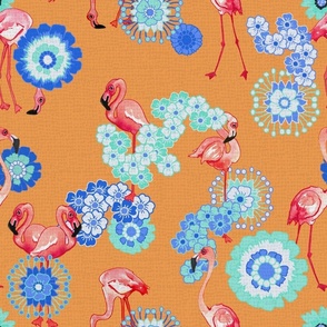 Flamingos and Flowers Turquise on chocking Intence orange