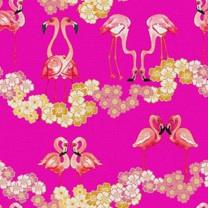 Flamingos in pairs on waves of daisy on hot pink background