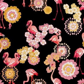 Flamingos in pairs on waves of daisy on hot purple