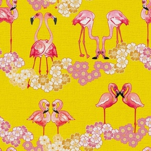 Flamingos in pairs on waves of daisy on  happy lemon yellow