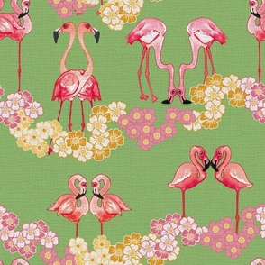 Flamingos in pairs on waves of daisy on soft mint green
