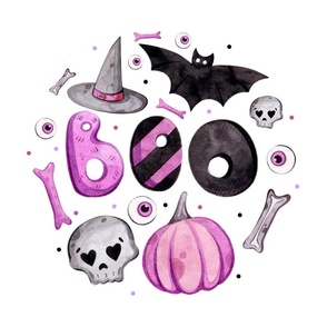 18x18 Panel Halloween Boo! Purple Pumpkins Witch Hats Bats Skulls on White for Throw Pillow or Cushion