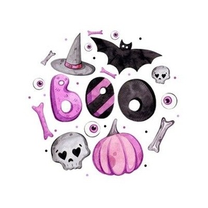 6" Circle Panel Halloween Boo! Purple Pumpkins Witch Hats Bats Skulls on White for Quilt Square Potholder or Embroidery Hoop
