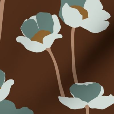 Poppies - white and green on brown - medium