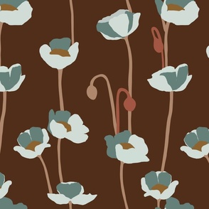 Poppies - white and green on brown - medium