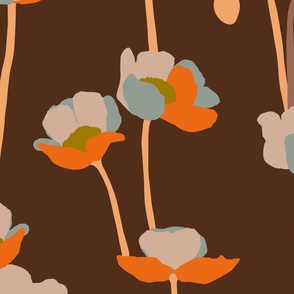 Poppies - light blue and orange on brown - large