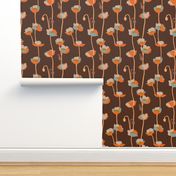 Poppies - light blue and orange on brown - medium