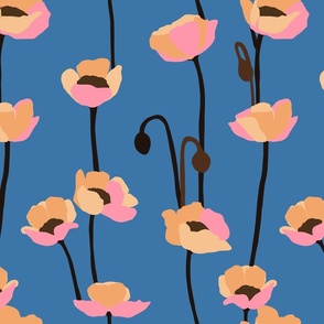 Poppies - yellows and pink on blue - medium